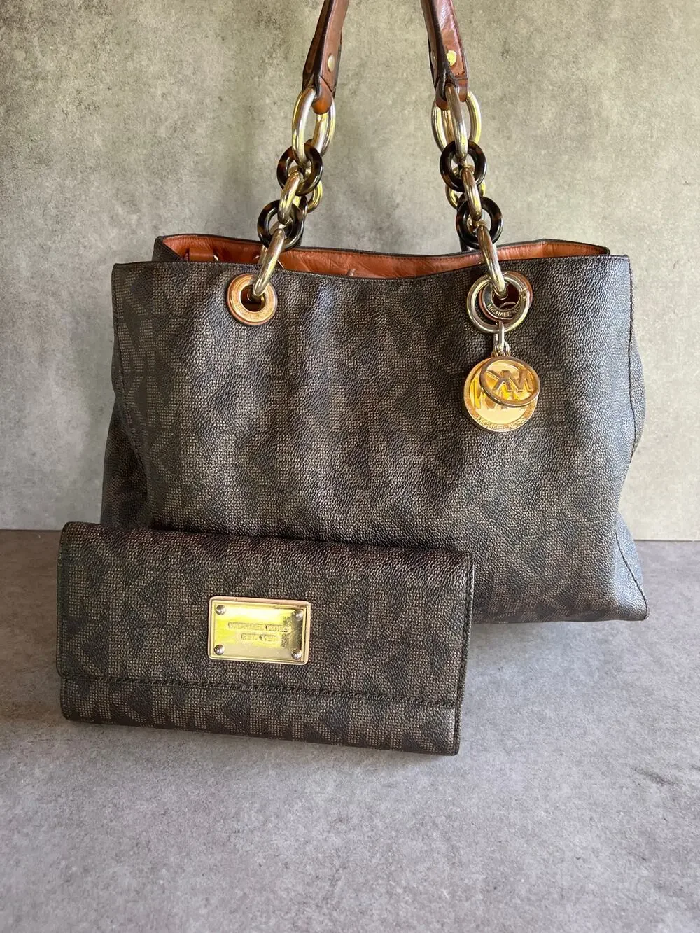 Michael Kors Brown MK Signature Coated Canvas Cynthia Medium Satchel w wallet